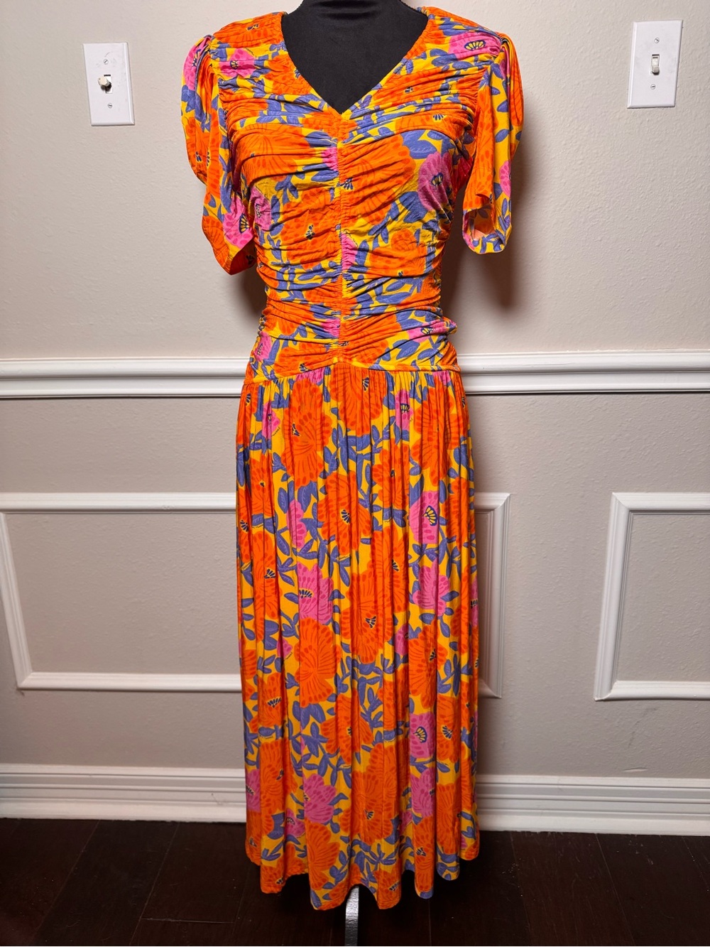 FARM Rio Orange Floral Pleated Midi Dress with Pink & Blue Accents